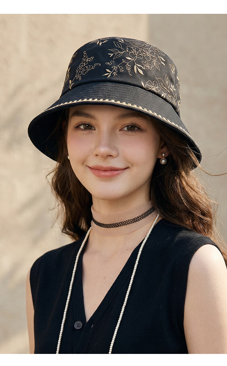 CACUSS Women's Fisherman Hat Spring Summer Pure Cotton Face-Slimming Sunshade Outdoor Casual Bucket Hat National Style Embroidery Ink Jade Black 7
