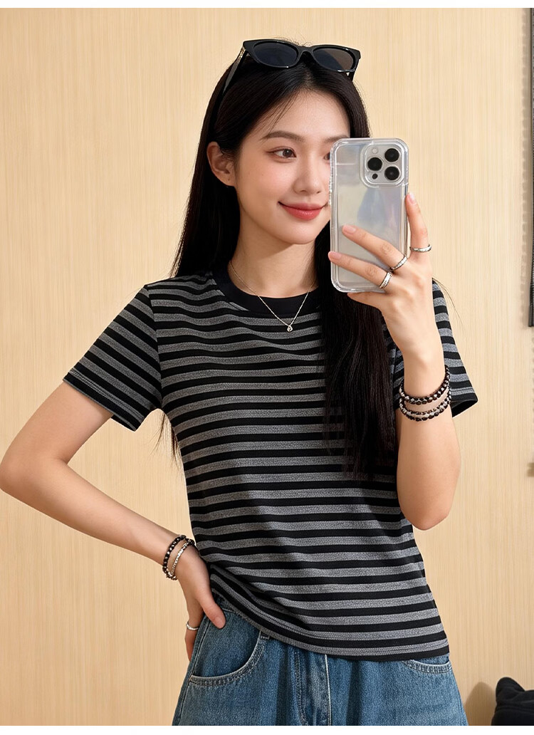 Yiershuang Women's Summer Base Layer T-Shirt, Lyocell Tencel Thin Striped Slimming Short Sleeve Top 19