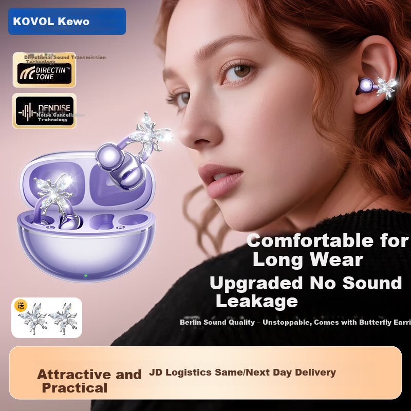 KOVOL 40W Bluetooth Clip-On Wireless Open-Ear Earphones with Butterfly Earrings, Non-In-Ear, Bone Conduction-Free, Women's Music Sports Running Long Battery Life