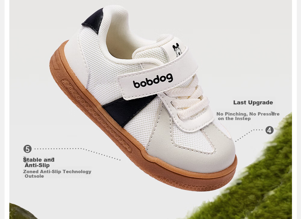 BOBDOG Toddler Baby First Walking Shoes Boys Girls Children's Trainer Shoes 2026 Spring New Soft Sole Non-Slip White Gray Size 19 6