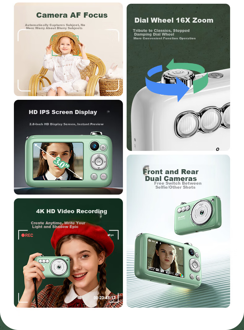 Aigo Patriot V1 New Flagship Dual Camera Selfie Student Digital Camera Birthday Gift for Girls Entry-Level Campus HD Travel Alternative CCD White 64GB 3