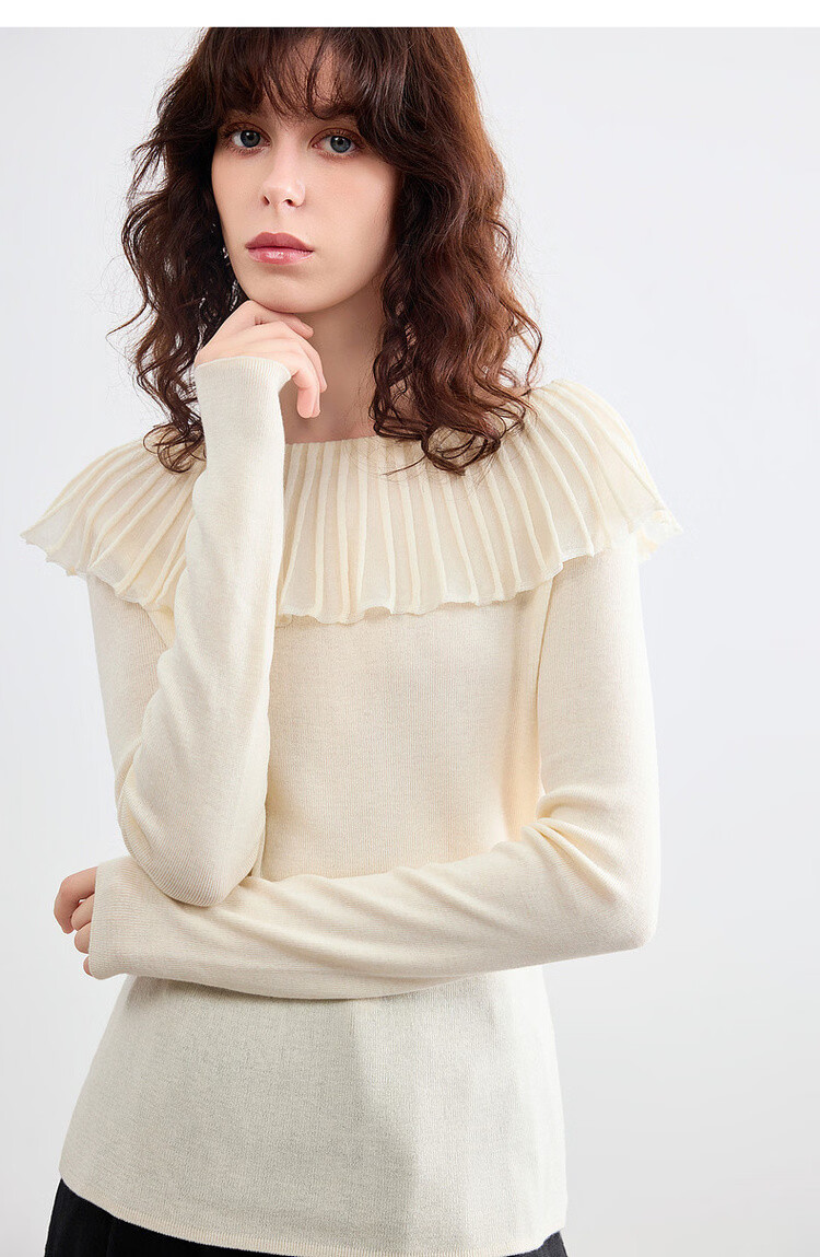 Demana Women's Elegant Spring Off-Shoulder Ruffle Slim Fit Knit Sweater with Mulberry Silk and Wool 15