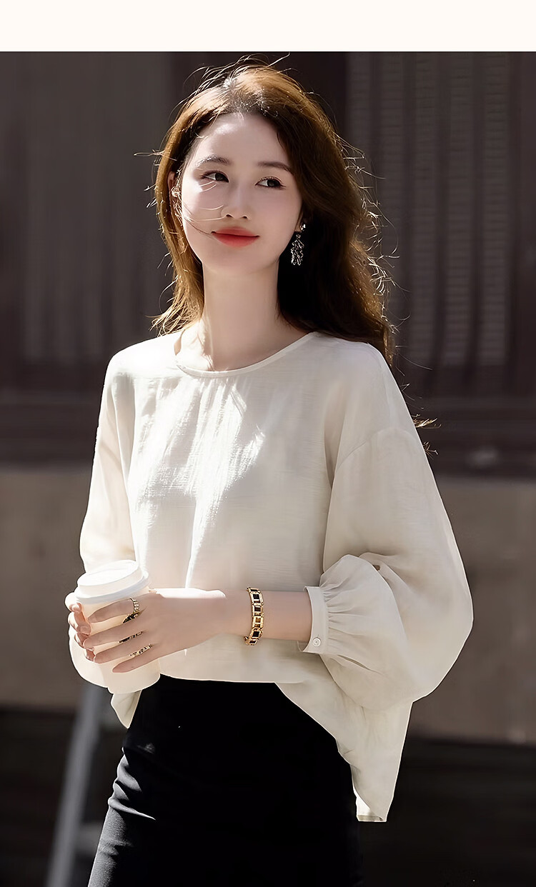 Demana [Shu Yang Pai] Spring and Autumn Acetate Linen Lyocell Blend Lantern Sleeve Straight Loose Shirt for Women 30