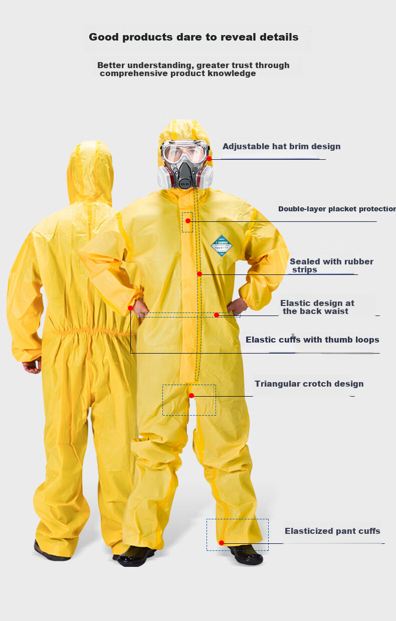 SHENGLI CHEM C-Level Chemical Protective Suit, Acid And Alkali Resistant Protective Clothing, One-Piece with Hood, Work Uniform, Limited Use Type, Yellow, T-Gard 500, XL Size 2