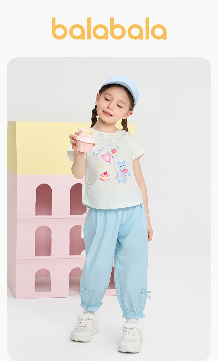 Balabala Girls' Short Sleeve Set Children's Baby Two-Piece 2026 New Summer Delicate Ruffle T-Shirt and Pants Sweet Style 2