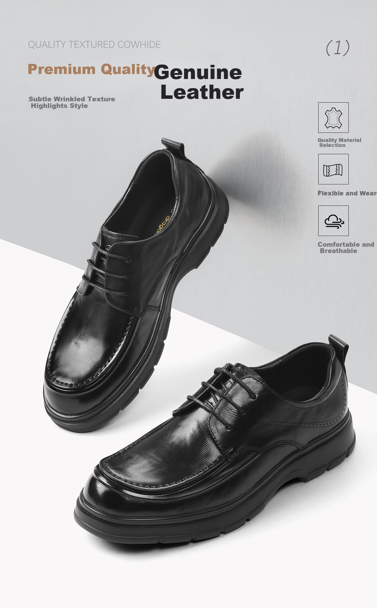Red Dragonfly Formal Leather Shoes 26 Spring New Cowhide Thick Sole Men's Business Commuter Shoes WTA16059 Black 39 3