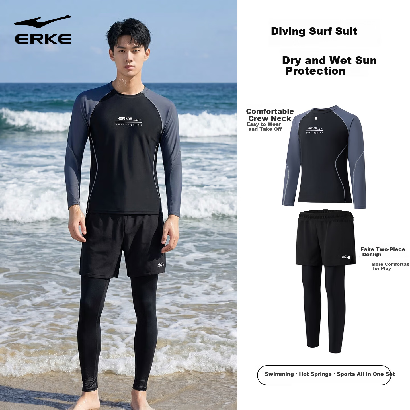 ERKE Men's Long Sleeve Long Pants Sunscreen Two-Piece Swimsuit Set Surfing Jellyfish Suit Hot Spring Bathing Suit