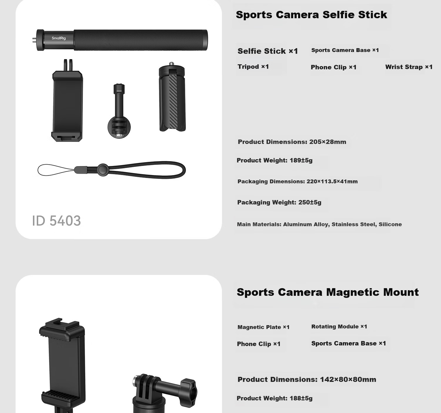 SmallRig 5403 Selfie Stick for DJI Action 5/Pocket 3/GoPro 13/FeiyuTech X5/ACE2 Pro Handheld Shooting Accessories Sports Camera Extension Rod with Phone Clamp 11