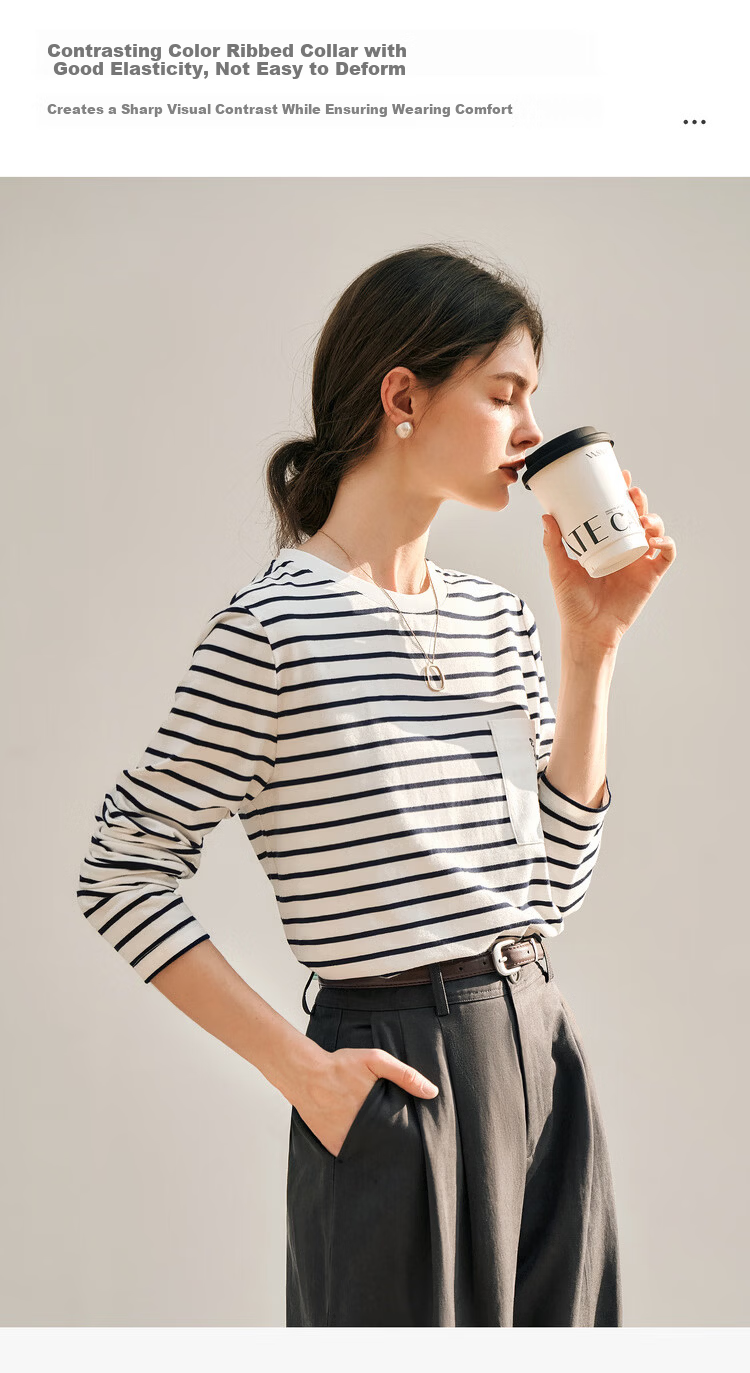 Olrain Eurier Women's Striped Long Sleeve T-Shirt Spring Design Pocket Embroidery Top Striped (Upgraded) XL 8