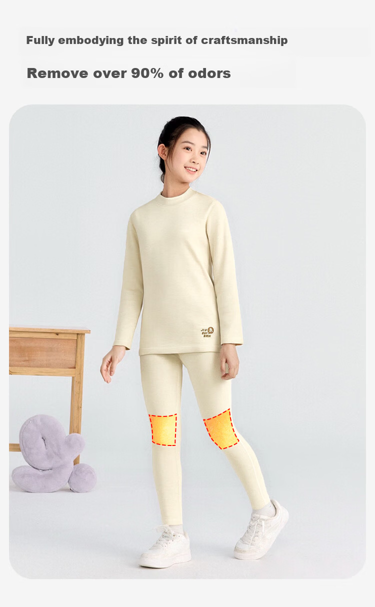 Jiusuibian Cotton Wool Children's Thermal Underwear Girls Autumn Winter Fleece Thickened High Waist Turtleneck Cotton Wool Shirt and Pants Set 9