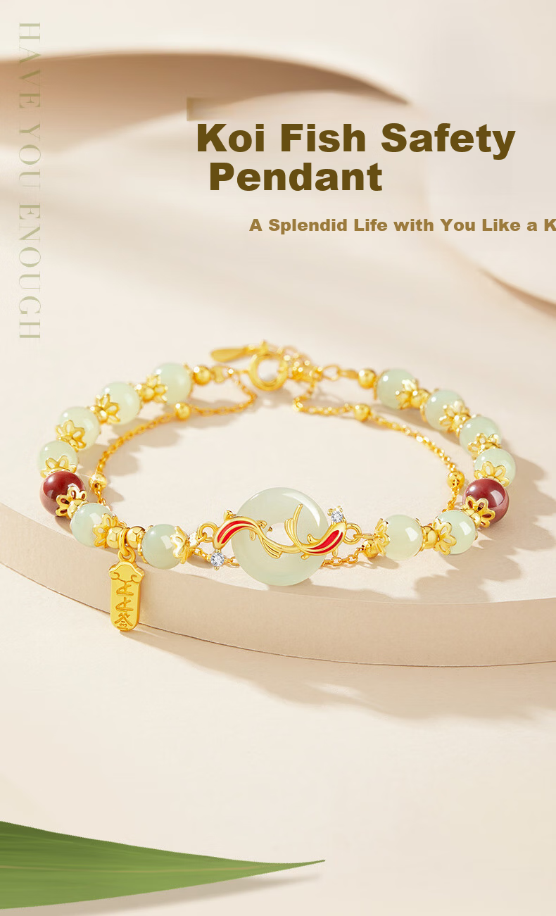 Zhenshangyin China Gold Koi Fish Safety Clasp Bracelet for Women, 2026 New Style Hetian Jade Beaded Bracelet, Birthday Gift for Girlfriend, S925 1
