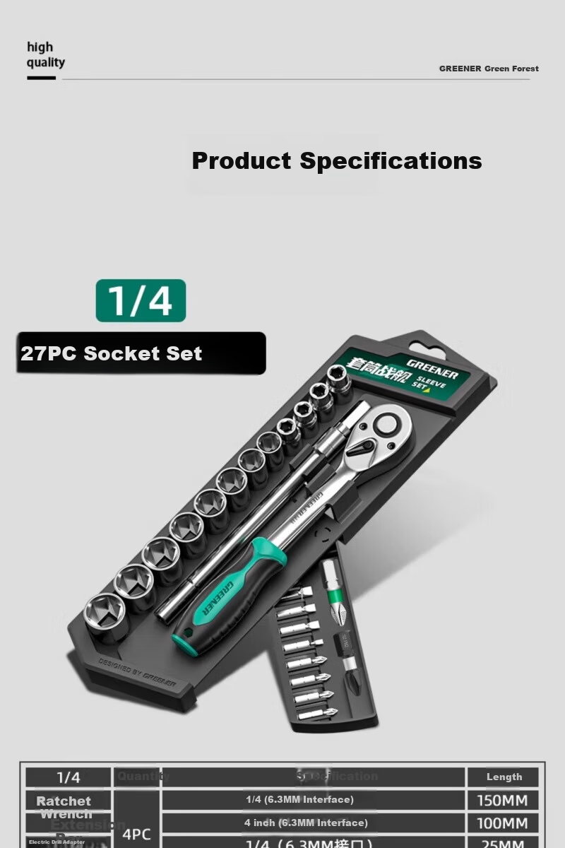GREENER Ratchet Socket Wrench Hexagon Multifunctional Combination Set Quick Torque Tool 27-Piece Kit 17