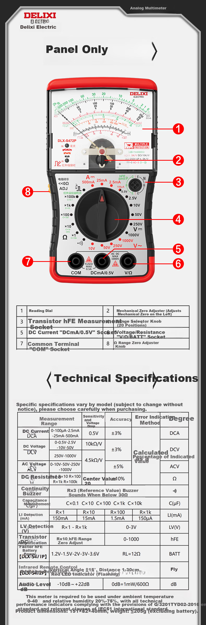 DELIXI ELECTRIC Pointer Multimeter Smart Anti-Burn Voltage Current Meter Internal Magnetic Mechanical Universal Meter Home Electrician S471P 10