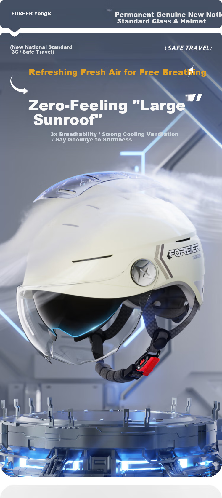 FOREVER 3C Certified Electric Scooter Helmet with Zero-Gravity Sunroof, Summer Motorcycle Half Helmet, Sunshade, UV Protection, Unisex Electric Bike Safety Helmet, Four-Season Helmet with Dual Mirrors 1