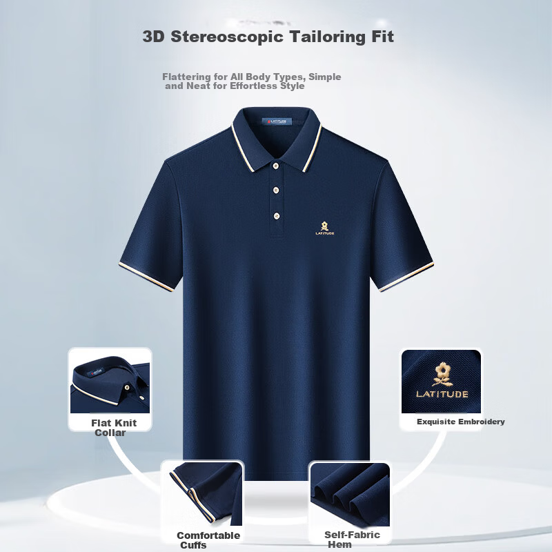 MONTAGUT Solid Color Short Sleeve Polo Shirt Men Summer Business Casual Silk Cool Breathable T-Shirt Navy Blue 2XL/54