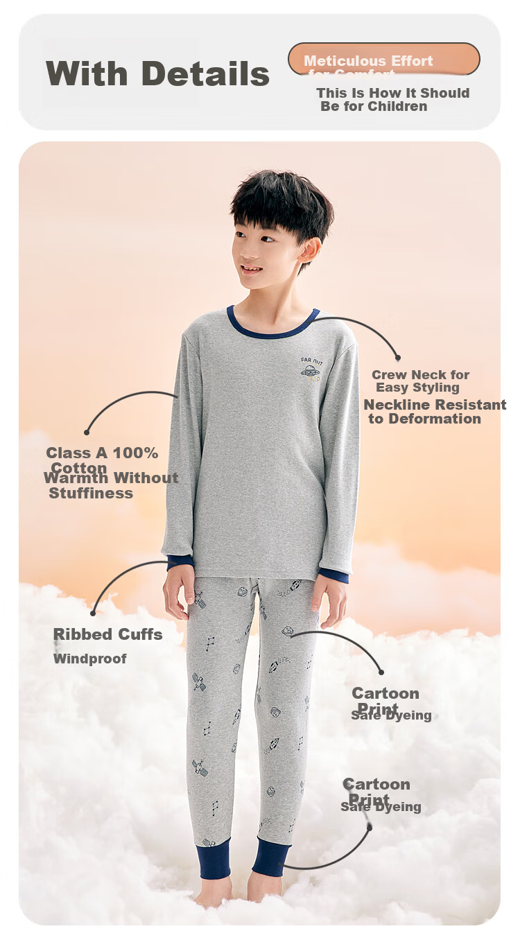 Hodohome Boys' Cotton Thermal Underwear Set Autumn Long Johns Pajamas 107 Blue Size 160 4