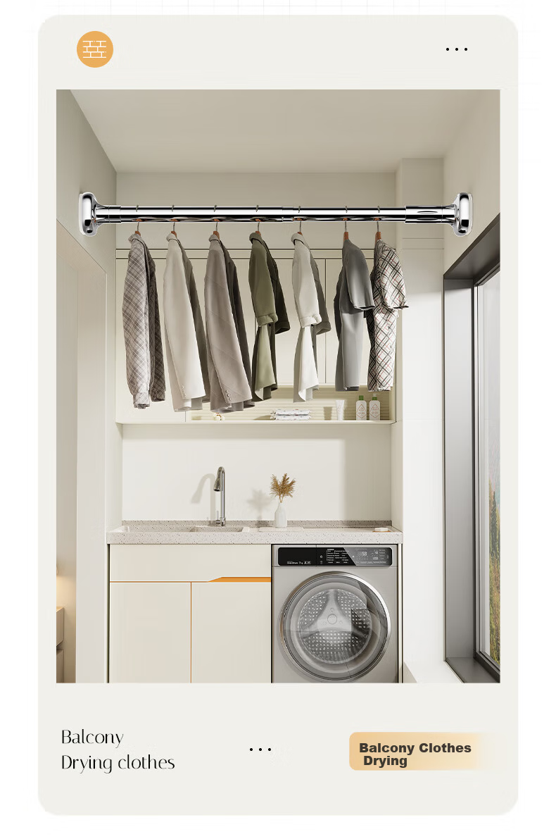 FK Retractable Clothes Drying Rod, No Drilling Required, Bathroom Drying Rack, Stainless Steel Bathroom Support Rod, Square 0.9~1.6 Meters 13