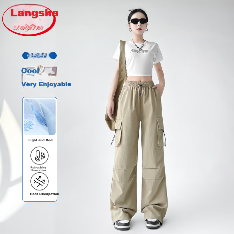 Langsha Women's Spring Summer Wide-Leg Cargo Pants American Style Hiking High-Waist Paratrooper Casual Street Dance Quick-Dry Sports Pants