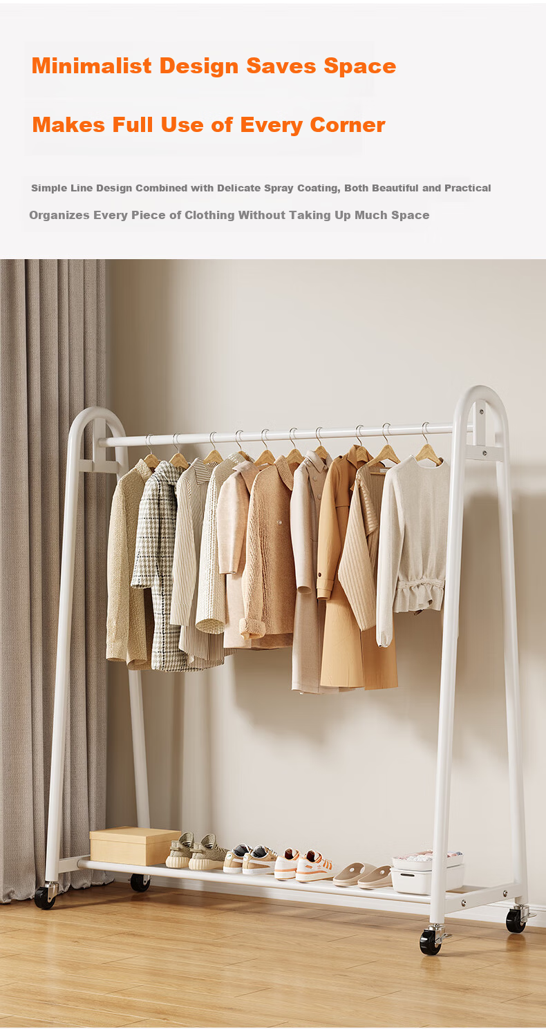 Shanshan Wooden Floor-Standing Clothes Hanger Coat Rack Bedroom Garment Rack Mobile Balcony Storage Shelf 4