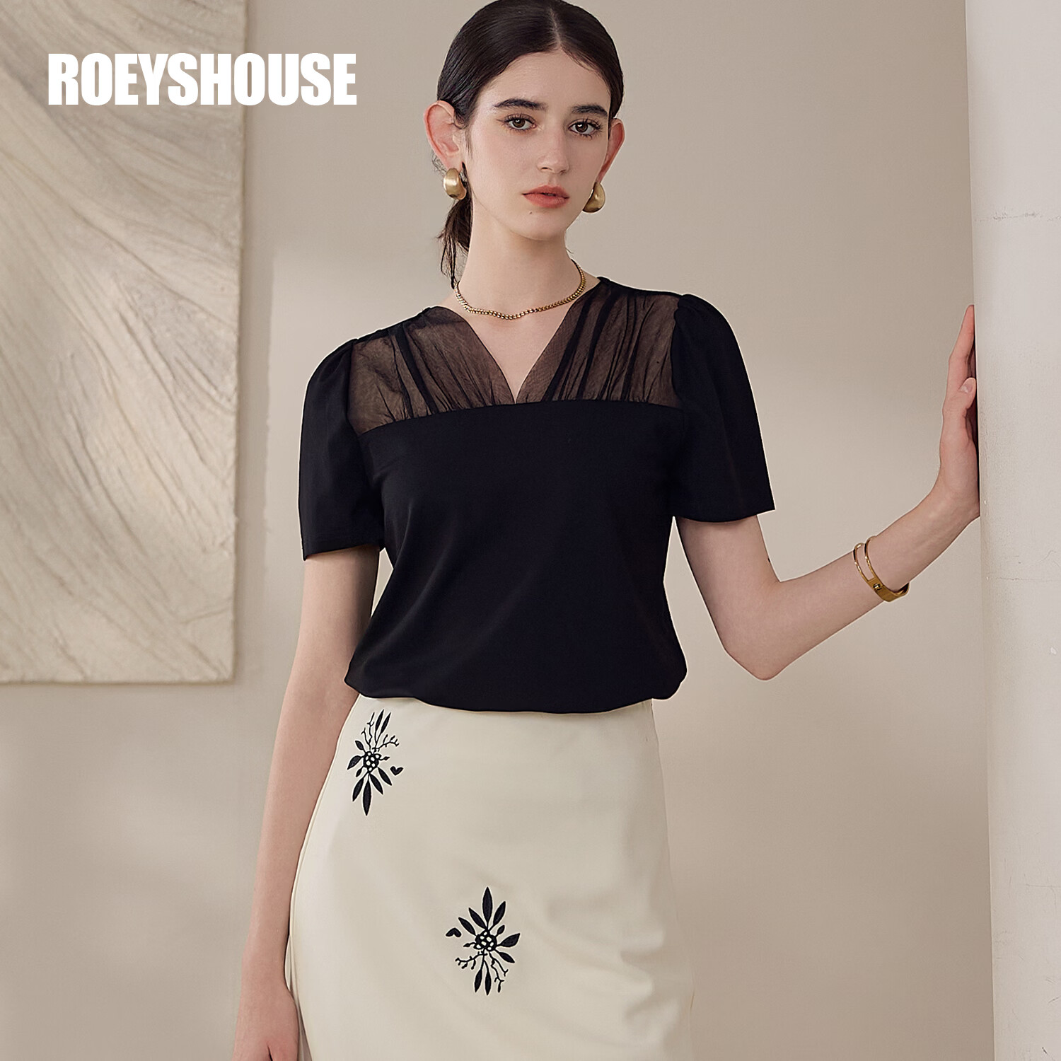 ROEYSHOUSE Women's Design Mesh Splice Short Sleeve T-Shirt Summer Puff Sleeve Slim Top 13737 Black S