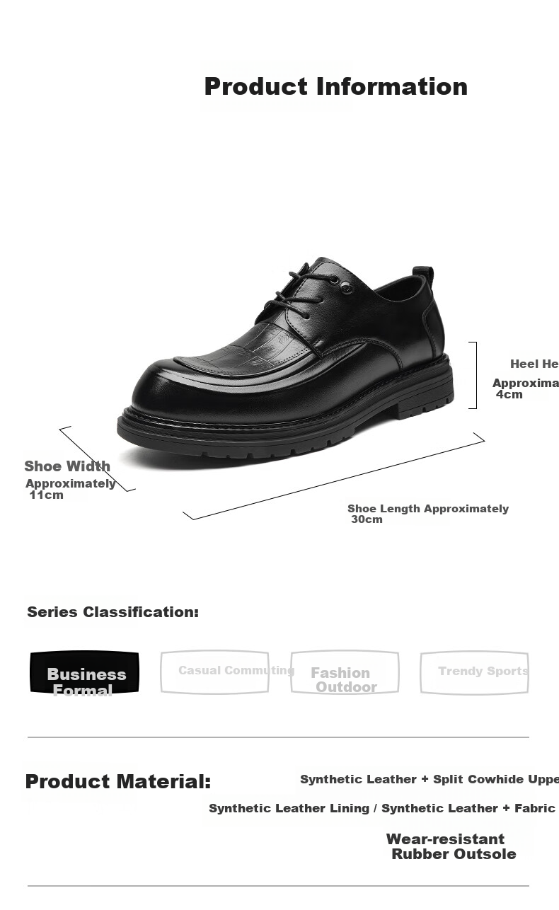HLA Men's Leather Shoes Spring Summer Height Increasing Business Casual Black 38 8