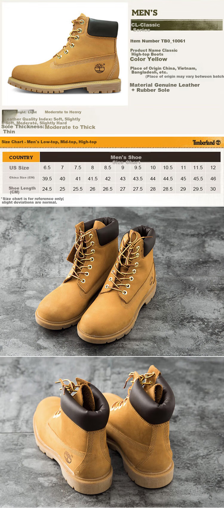 Timberland Men's Classic Waterproof Leather Outdoor Casual Yellow Boots 10061 Wheat Color Size 10/44 2