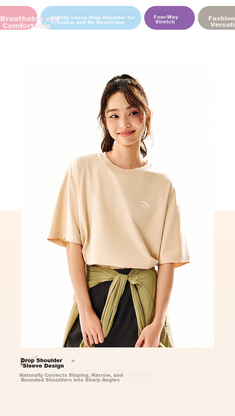 Anta Casual Short Sleeve T-Shirt Unisex Summer Simple Solid Color Crew Neck Sports Base Shirt Loose Fit Couple Top 11