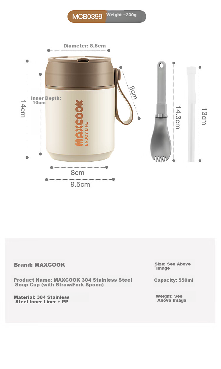 MAXCOOK Portable 316 Stainless Steel Insulated Soup Cup, Breakfast Milk Cup with Spoon and Straw, Model MCB6568 9
