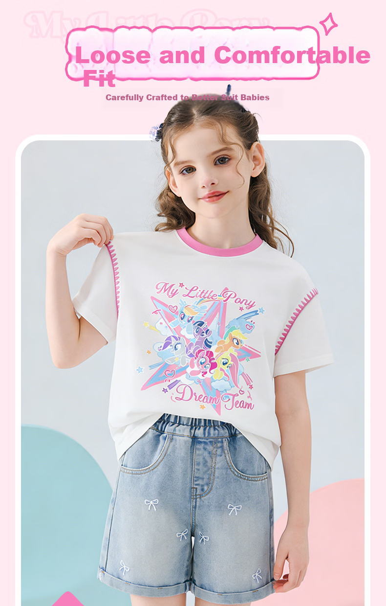 My Little Pony Girls' Short Sleeve T-Shirt 2026 New Color-Block Shell Embroidery Top Cooling Half Sleeve White 110 6