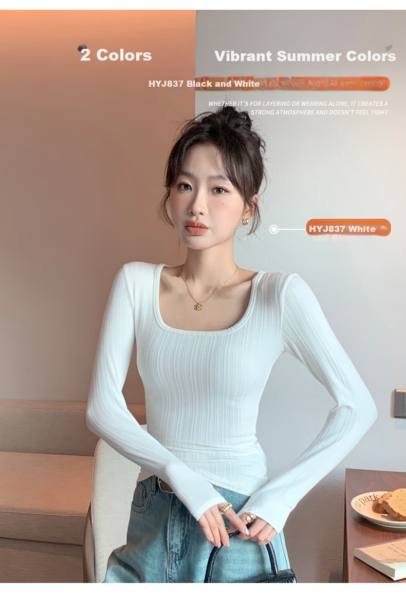 LangSha Women's Slim Fit U-Neck Long Sleeve T-Shirt Autumn 2025 New Stylish Basic Top 8