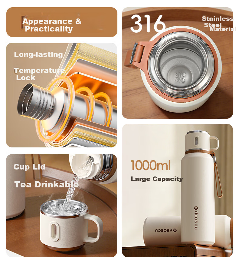 HEOSCU Large Capacity Insulated 316 Stainless Steel Water Bottle Tea Separation Steeping Cup Portable with Lid for Men and Women 2