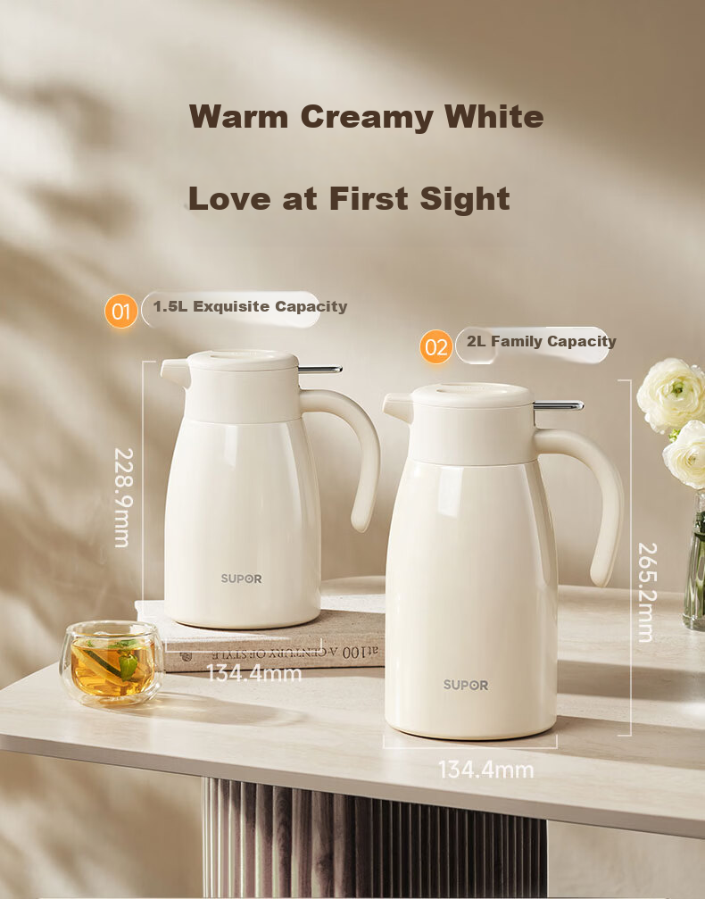 Supor 316L Stainless Steel Insulated Thermos Flask 2L Cream White Large Capacity Home Office Hot Water Bottle 16