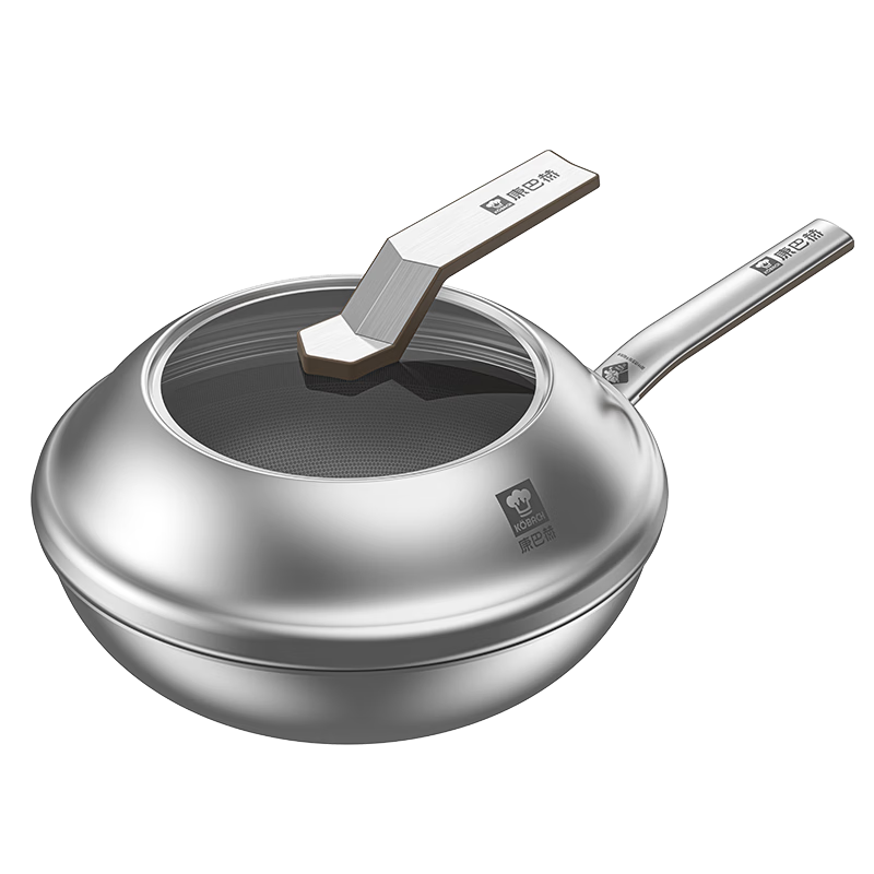 KOBACH Non-Stick Wok with Real Titanium, Zero Coating, Fifth Generation 316L Stainless Steel Frying Pan, Suitable for All Stoves, 32cm