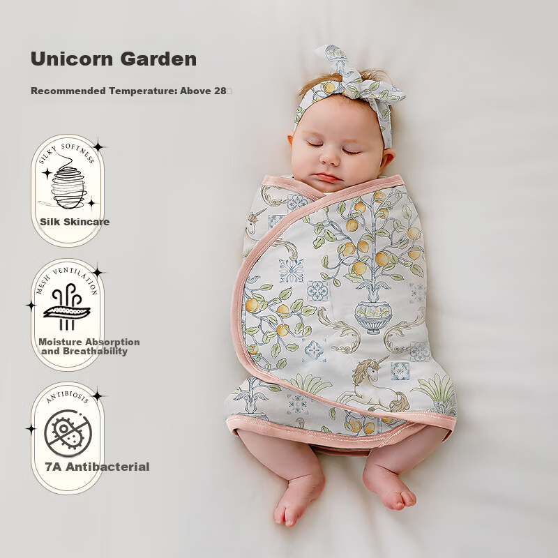 OUYUN Baby Anti-Startle Sleeping Bag Swaddle Spring Summer Silk Filled Gauze Wrap Unicorn Garden 80x35