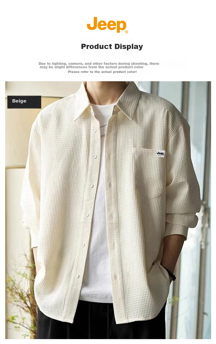 JEEP Men's Long Sleeve Waffle Shirt Casual Loose Fit Jacket Spring Autumn Beige M 4