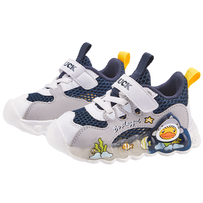 B.Duck Kids Toddler Shoes Lightweight Breathable Mesh Sports Shoes Boys Girls Light-Up 3930 Blue Gray Size 24