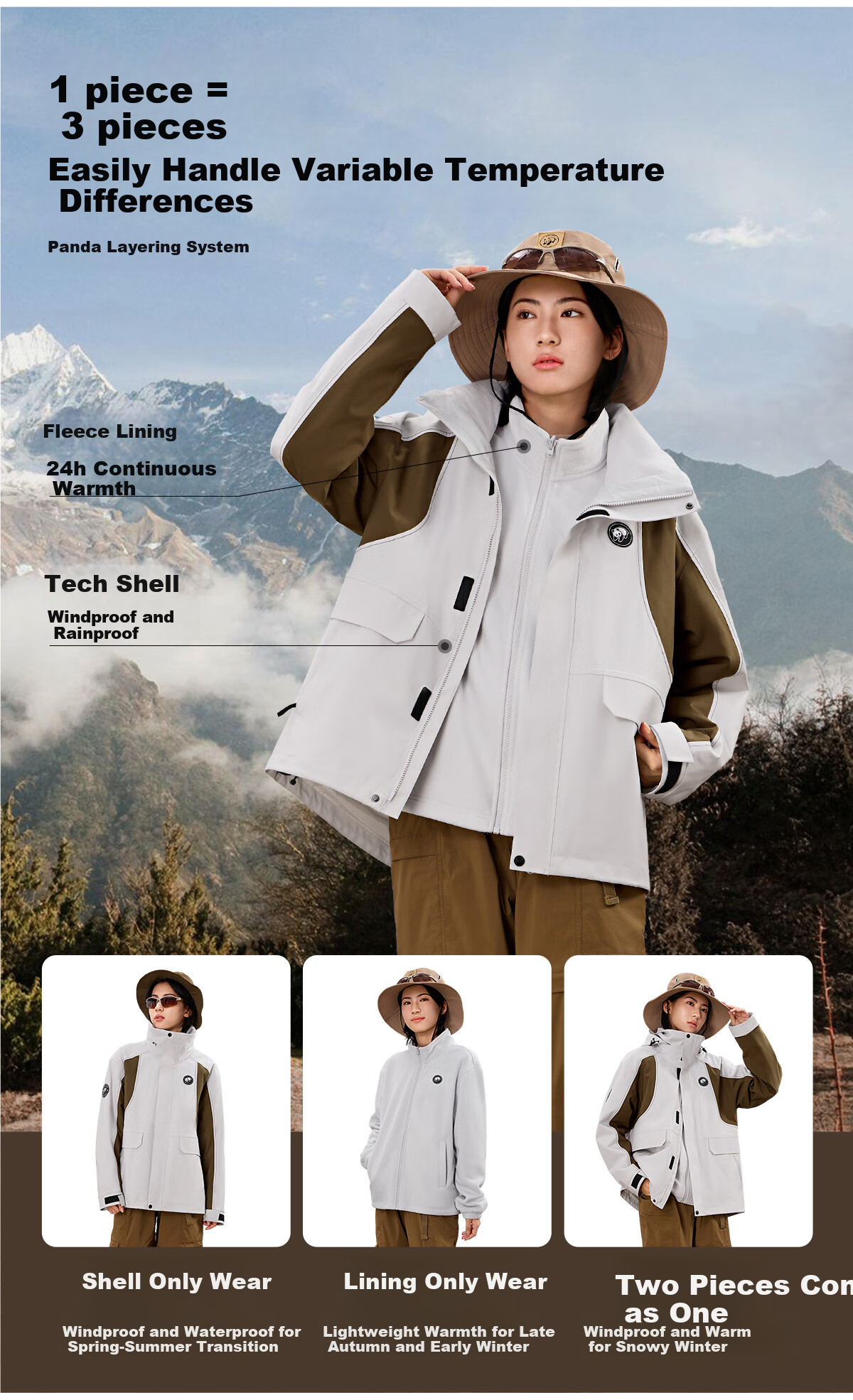 Panda Camel Series 3-in-1 Outdoor Jacket Unisex Windproof Rainproof Fleece Hiking Coat 1612, L 11