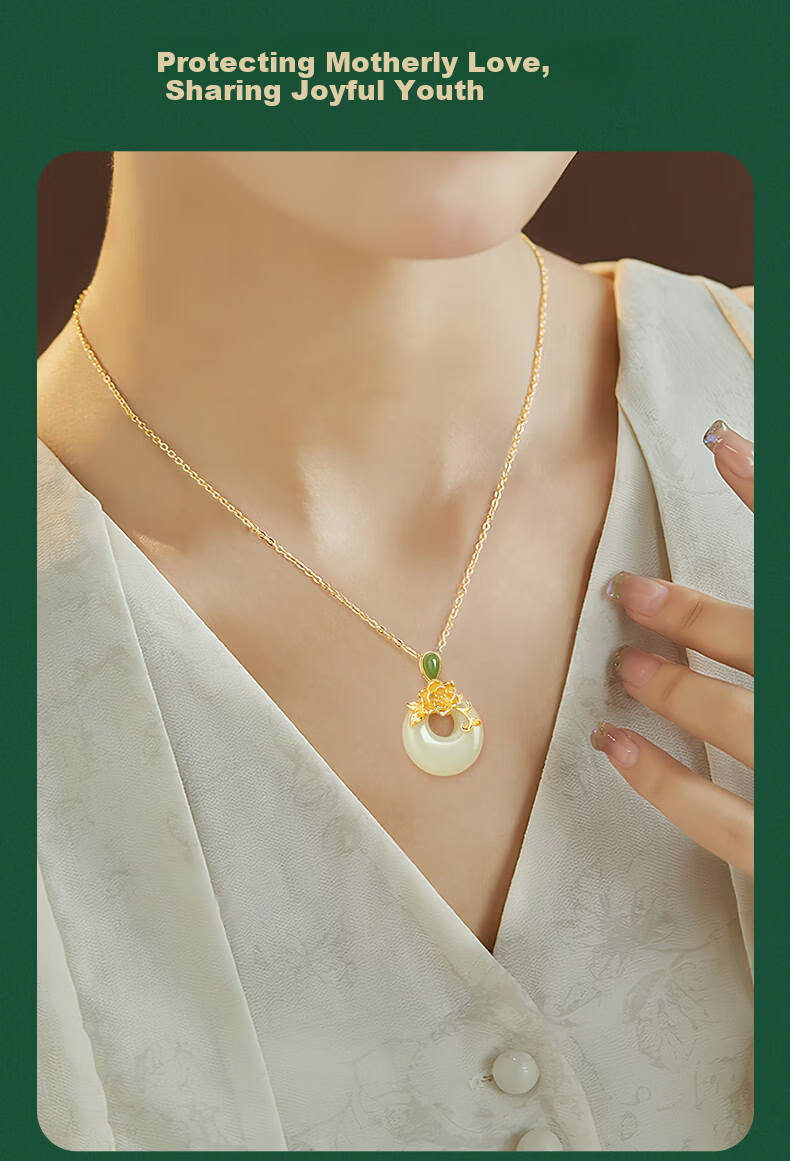 Zhenshang Silver China Gold Peony Ping An Kou Necklace Hetian Jade Pendant Birthday Gift for Mom 2026 New Premium Style 7