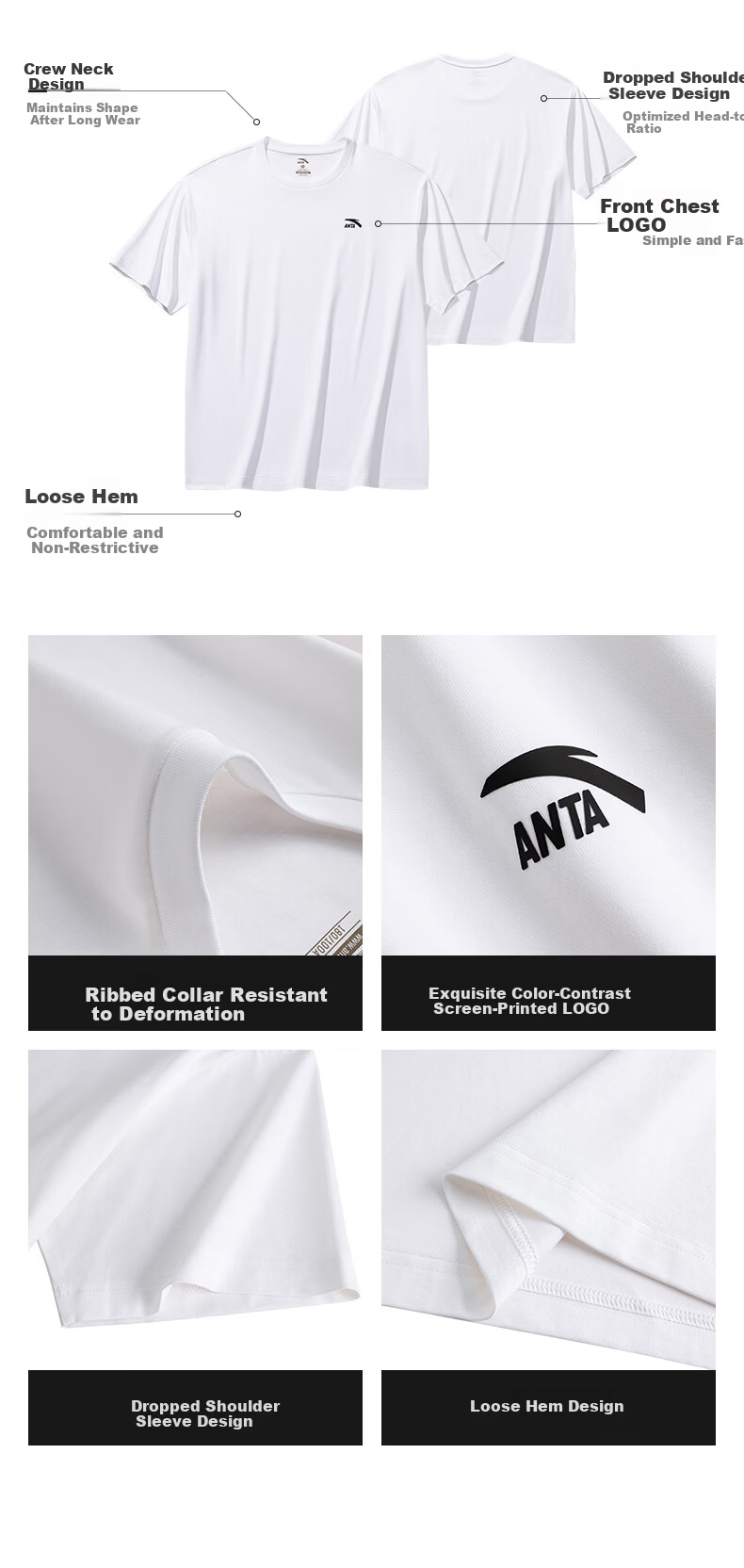 Anta Casual Short Sleeve T-Shirt Unisex Summer Simple Solid Color Crew Neck Sports Base Shirt Loose Fit Couple Top 6