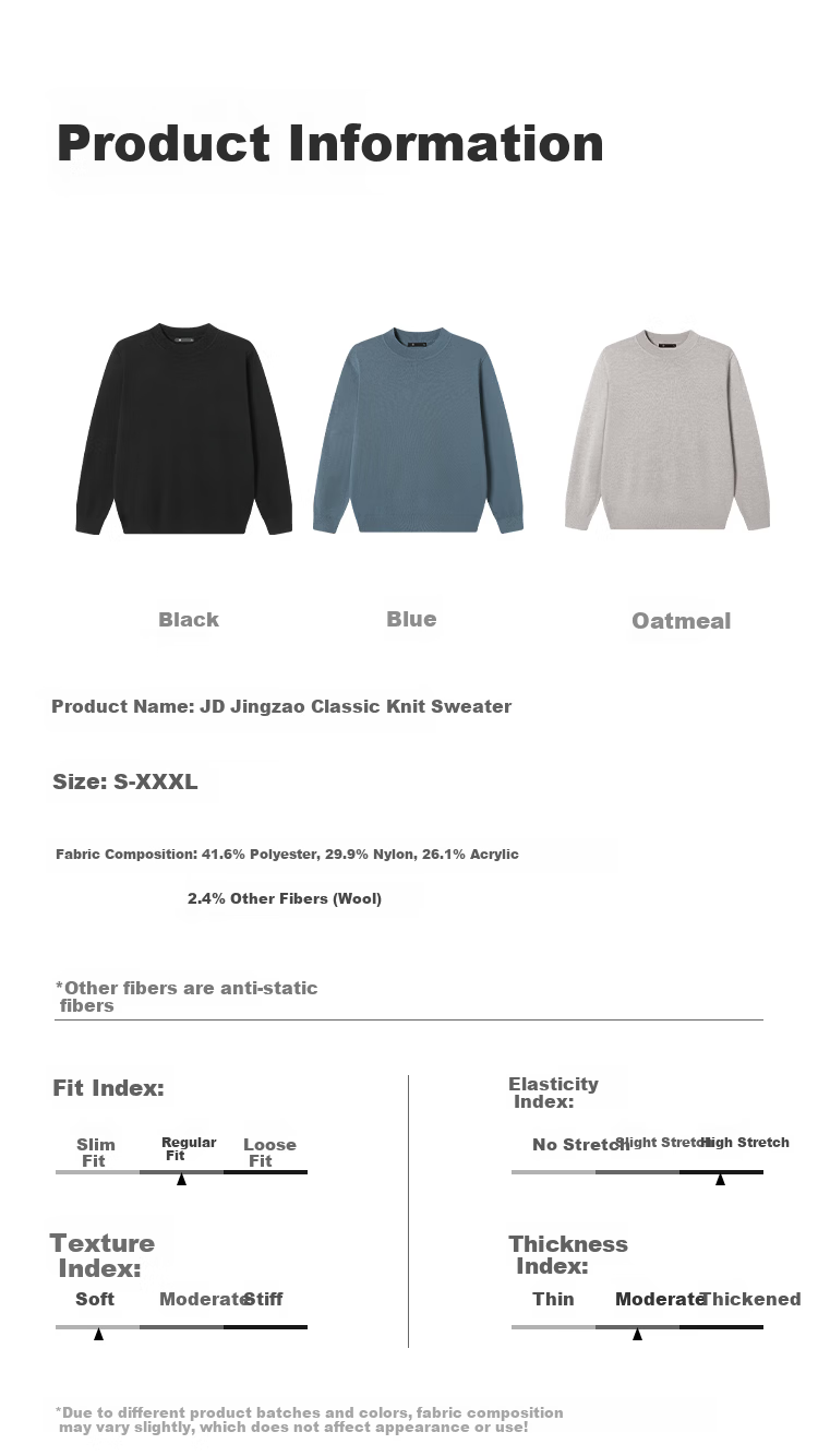 JD Original [Machine Washable] Warm Sweater for Men, Round Neck Knitted Pullover, Soft Base Layer Woolen Sweater, Oatmeal Color, M Size 14