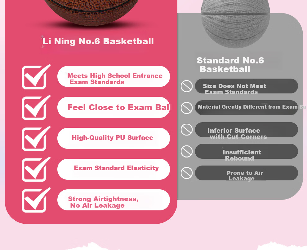 Li-Ning Basketball Junior Middle School Indoor Outdoor Girls Size 6 Official Exam Basketball for Ages 12-18 Women's Standard Test Ball 7