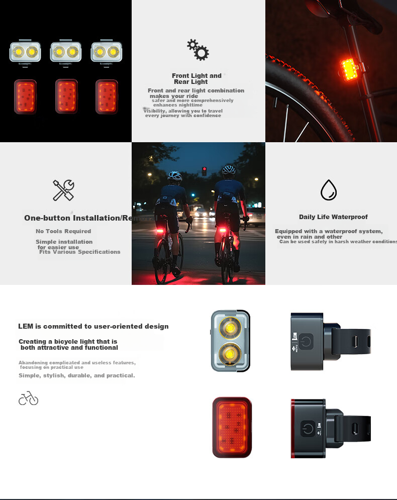 LEM Bicycle Front Light High Brightness Night Riding Tail Light Mountain Road Bike Flashlight Waterproof Cycling Gear for Kids 3