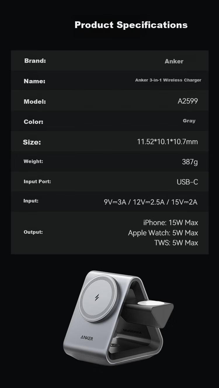 ANKER Wireless Charger 25W 3-in-1 Apple MagSafe Watch Magnetic Fast Charging Stand Base Compatible with Apple iPhone 17 iPhone 16 Pro Max iWatch 15