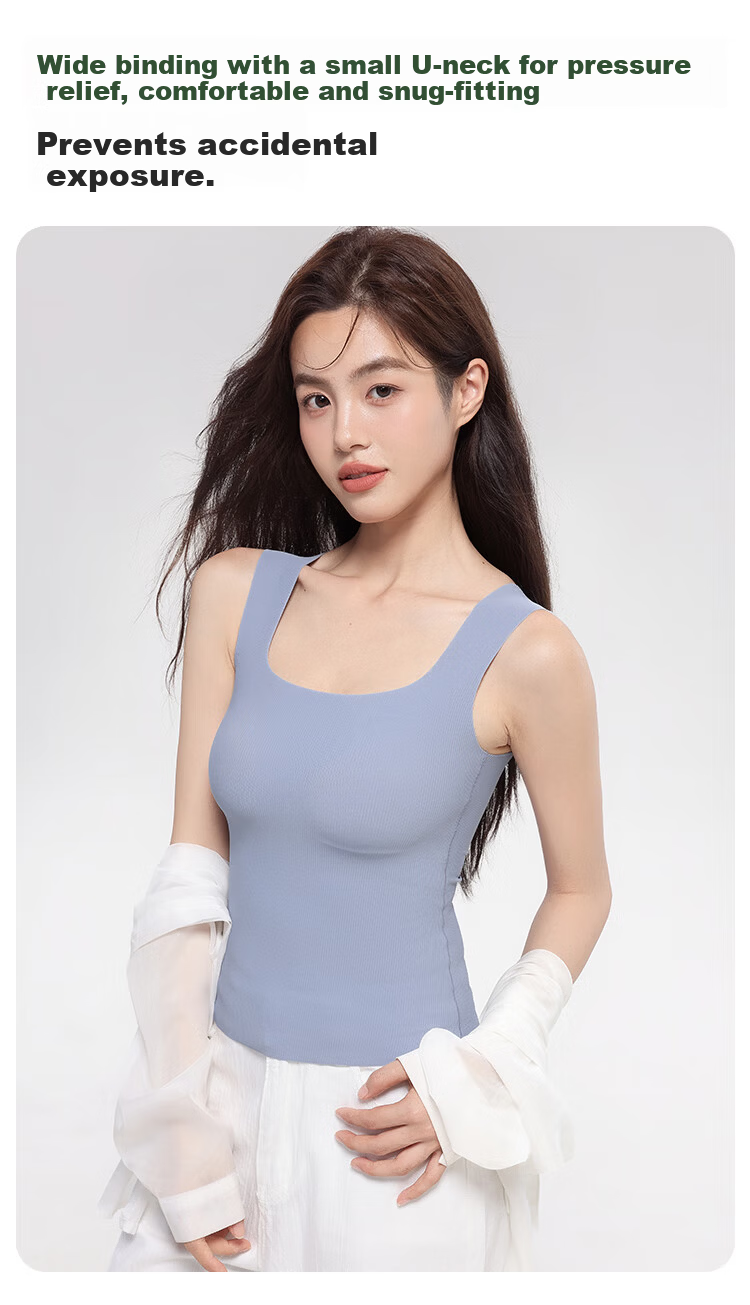 MiiOW Modal Ice Silk Women's Camisole Tank Top with Built-In Bra Pads, Wide Straps, Lingerie Undershirt, Misty Blue, Size M 10