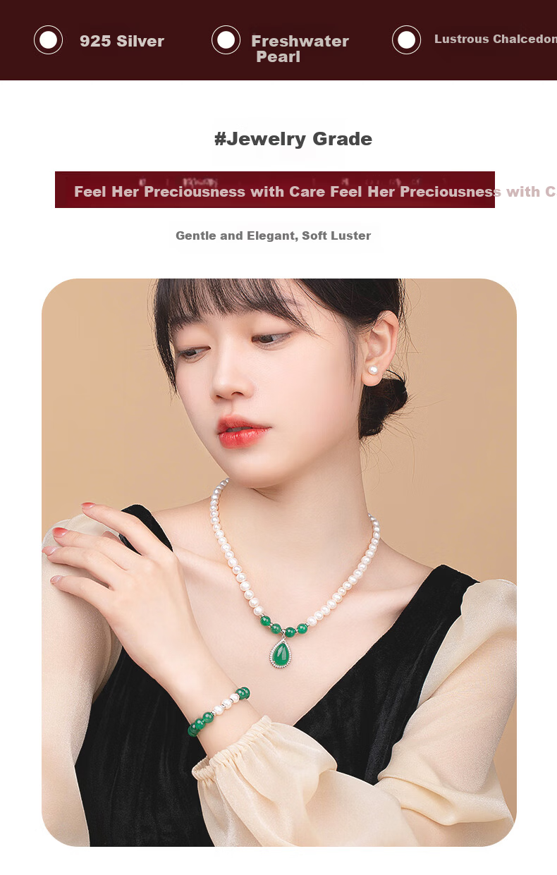 Lao Feng Xiang Pearl Necklace and Bracelet Set with Chalcedony Silver Pendant for Women Elderly Birthday Anniversary Gift for Wife and Mom 2