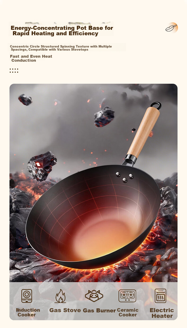 Jingmi Premium Cast Iron Wok 34cm Healthy Non-Coated Iron Frying Pan Universal for Home and Open Flame Cooking 11