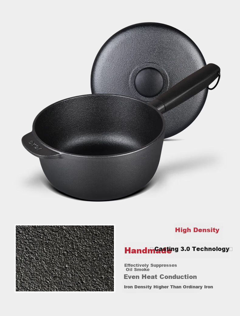 Jiu Zhu Gold Label 18cm Cast Iron Pot with Lid Small Stew Pot for One Person Iron Pot for Cooking Noodles and Rice Milk Pot Non-Coated Household Use 10