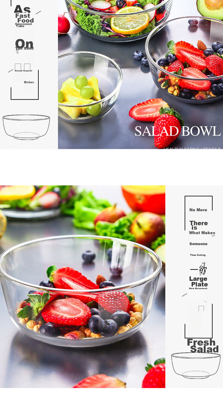 Ocean Thai Imported Glass Salad Bowl, Noodle Bowl, Soup Bowl, Fruit Dessert Bowl Set of Five Pieces 7