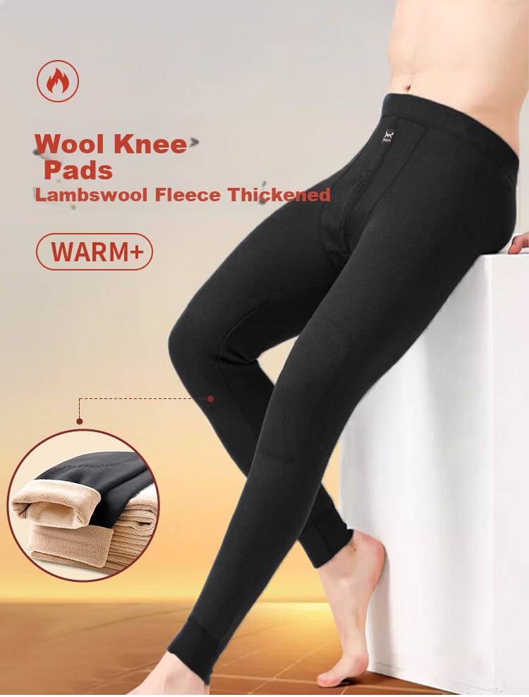 MiiOW Men's Wool Knee Warmers Thermal Fleece Thickened Cotton Pants Winter Plus Size Cold-Resistant Base Layer Pants 1