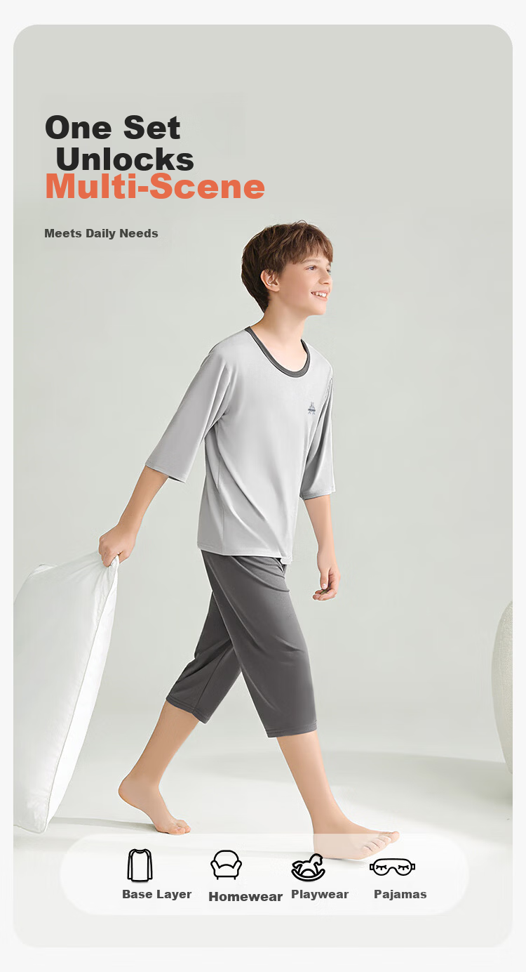 Yiershuang Boys' Summer Thin Pajama Set Children's Sleepwear Comfortable Home Air Conditioning Clothes for Older Kids and Teen Boys 4